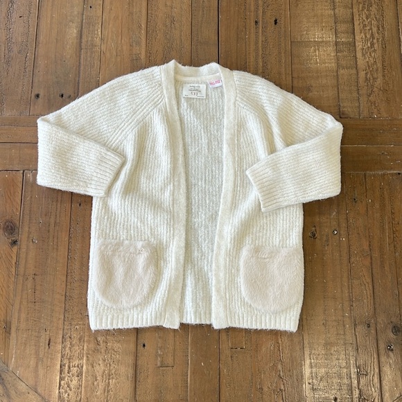 Zara cream ribbed faux fur pocket open front cardigan sweater - Picture 1 of 5